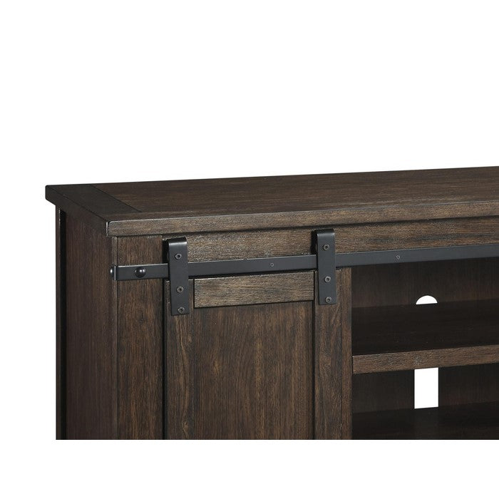 Large Wooden TV Stand with 2 Barn Sliding Doors and 6 Shelves, Brown