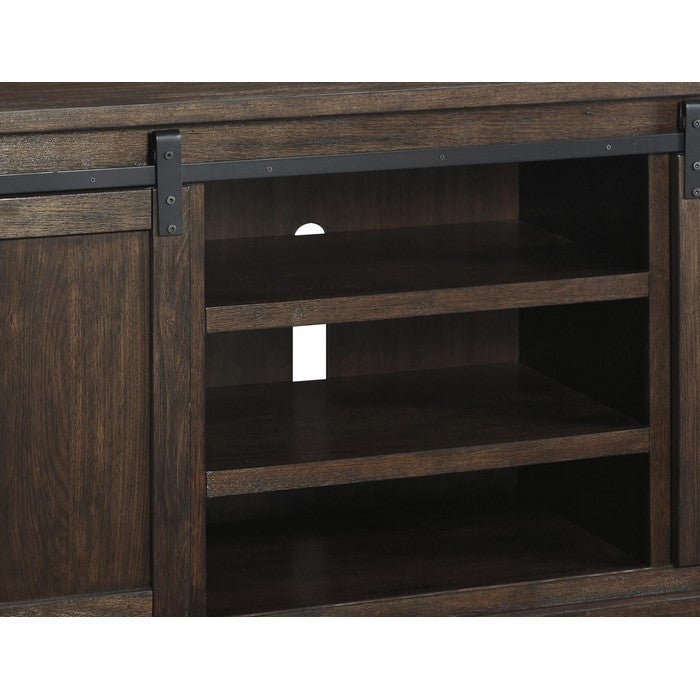 Large Wooden TV Stand with 2 Barn Sliding Doors and 6 Shelves, Brown