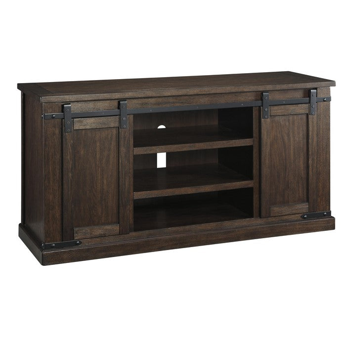 Large Wooden TV Stand with 2 Barn Sliding Doors and 6 Shelves, Brown