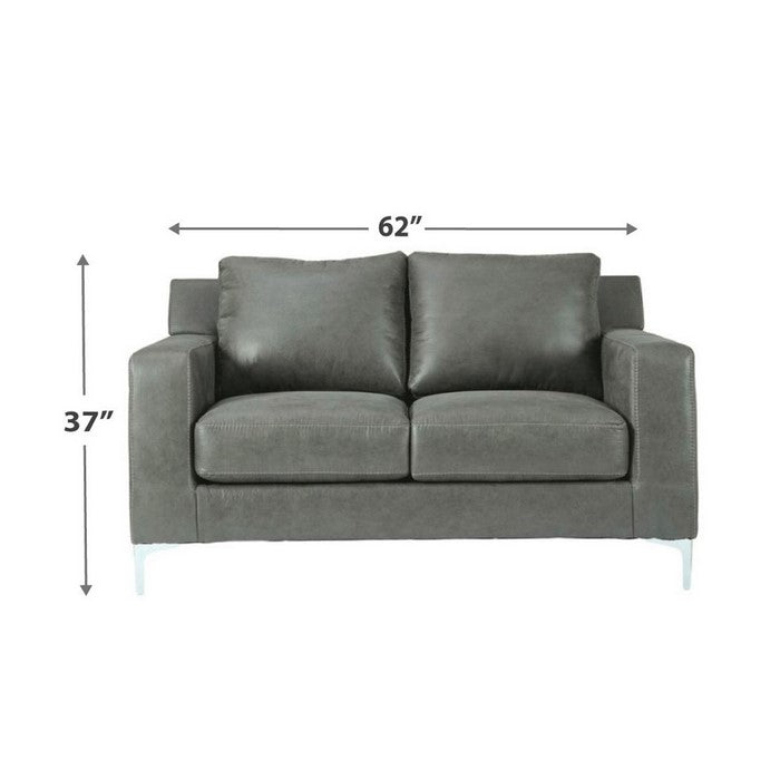Leatherette Loveseat with Track Armrests and Metal Legs, Charcoal Gray