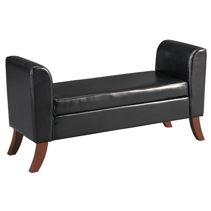 Leatherette Padded Storage Bench with Curved Arms and Saber Legs, Black