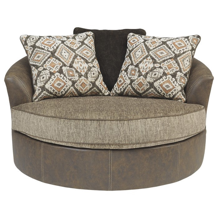 Leatherette Upholstered Round Oversized Swivel Chair, Brown