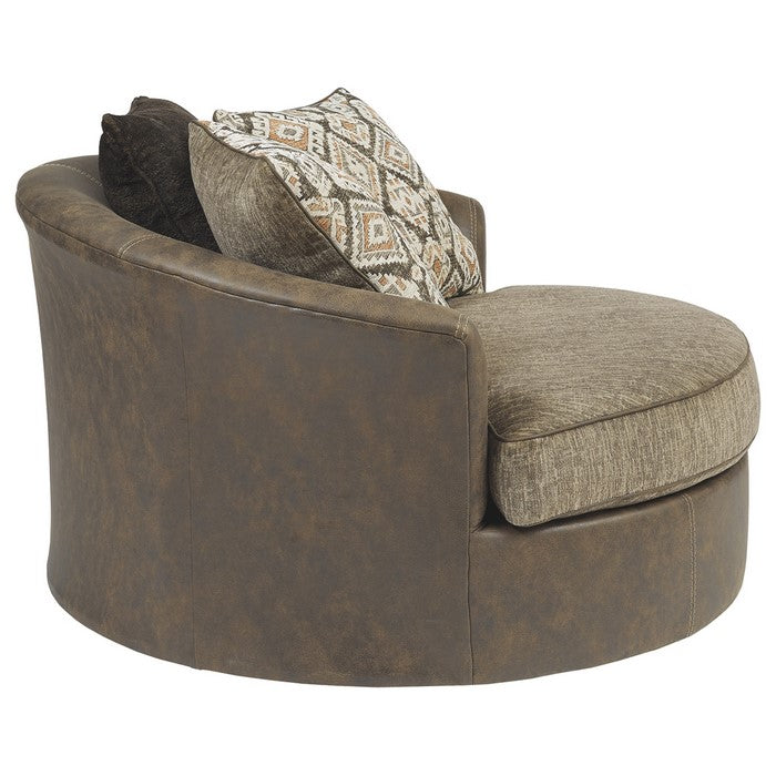 Leatherette Upholstered Round Oversized Swivel Chair, Brown