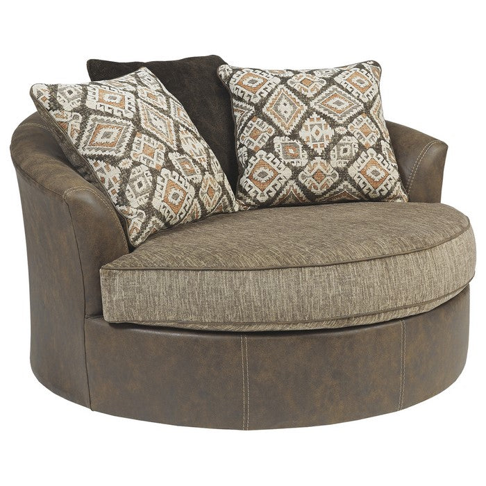 Leatherette Upholstered Round Oversized Swivel Chair, Brown