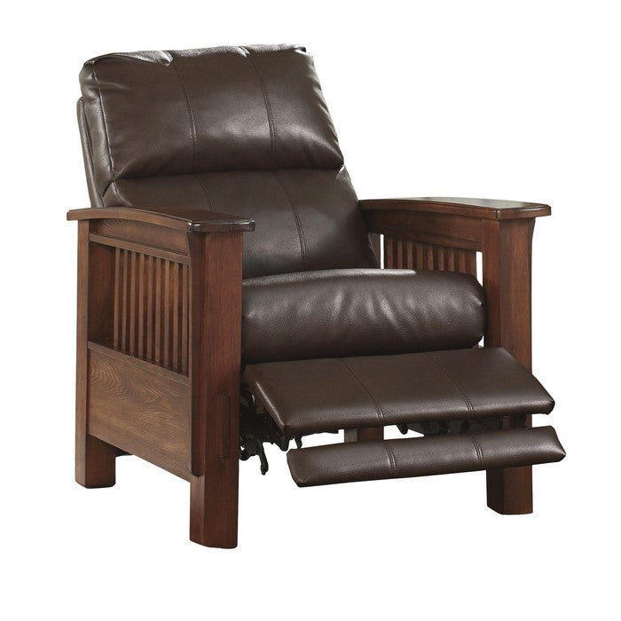Leatherette Upholstered Wooden Push Back Recliner with Slatted Arms, Brown
