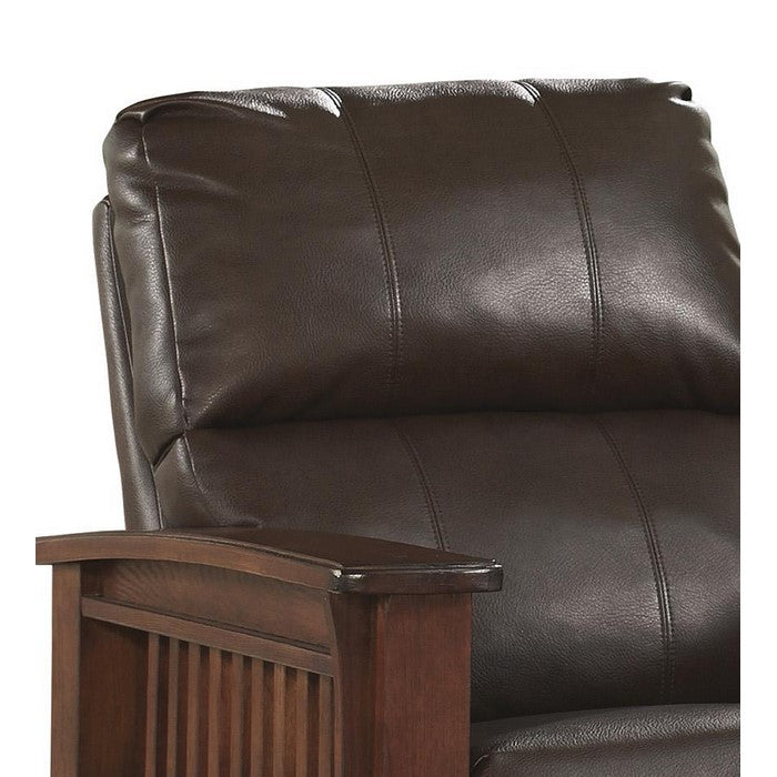 Leatherette Upholstered Wooden Push Back Recliner with Slatted Arms, Brown