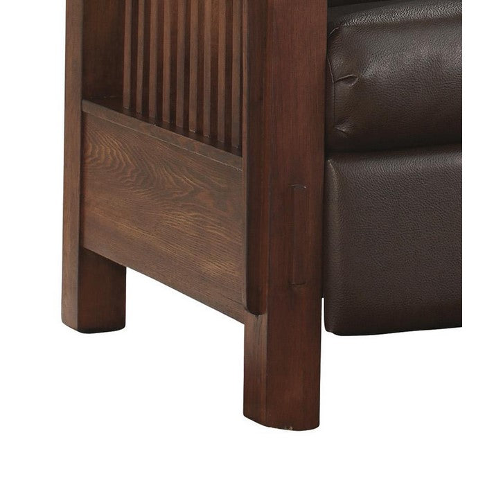 Leatherette Upholstered Wooden Push Back Recliner with Slatted Arms, Brown