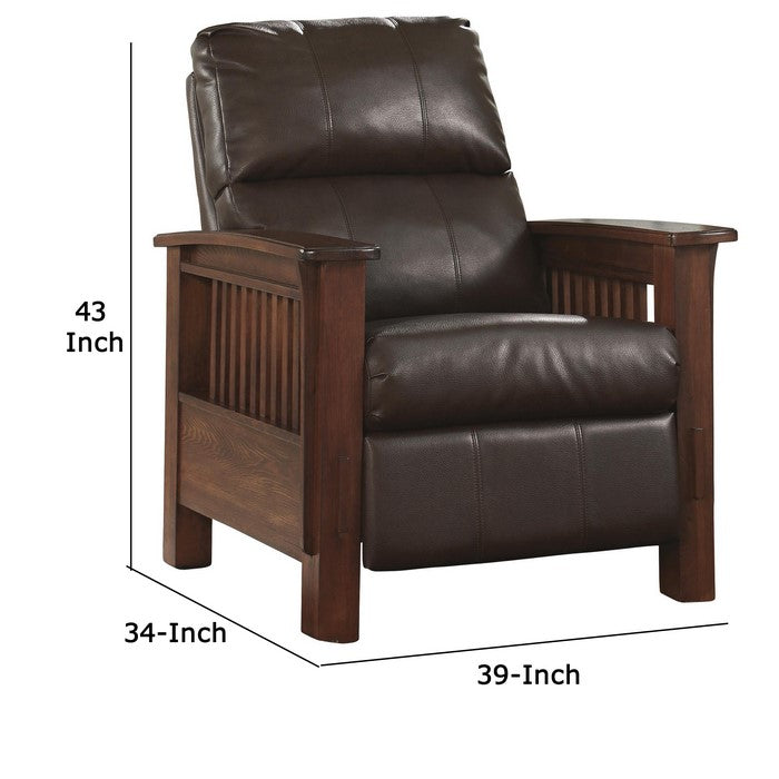 Leatherette Upholstered Wooden Push Back Recliner with Slatted Arms, Brown
