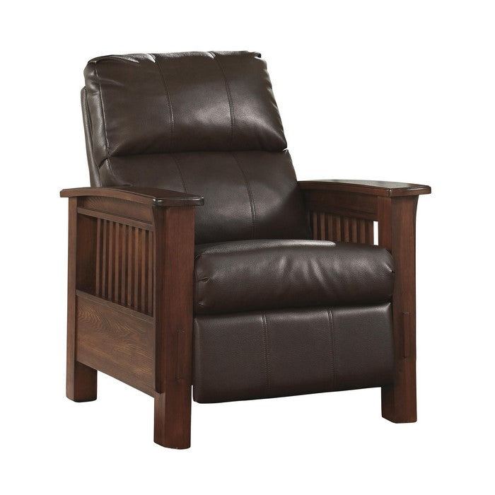 Leatherette Upholstered Wooden Push Back Recliner with Slatted Arms, Brown