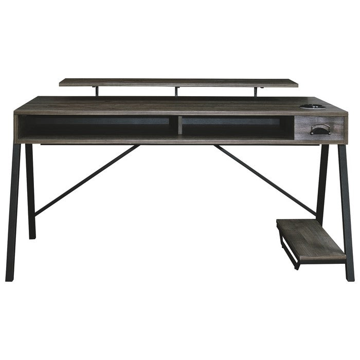 LED Back Light Wooden Gaming Desk with Can Cooler and USB Port, Taupe Gray