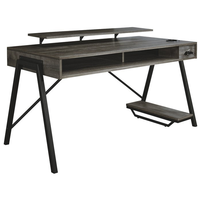 LED Back Light Wooden Gaming Desk with Can Cooler and USB Port, Taupe Gray