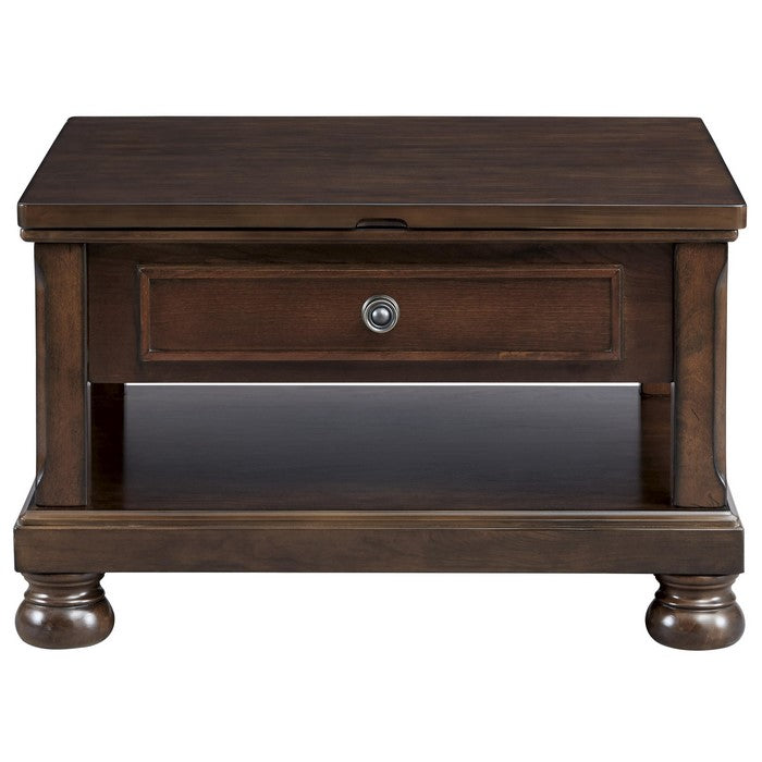 Lift Top Cocktail Table with Open Bottom Shelf and Bun Feet, Brown