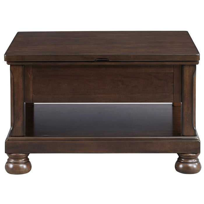 Lift Top Cocktail Table with Open Bottom Shelf and Bun Feet, Brown
