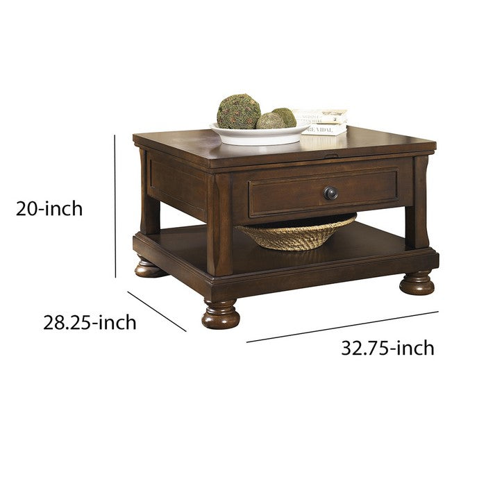 Lift Top Cocktail Table with Open Bottom Shelf and Bun Feet, Brown