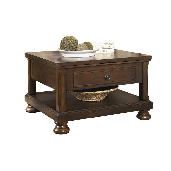 Lift Top Cocktail Table with Open Bottom Shelf and Bun Feet, Brown
