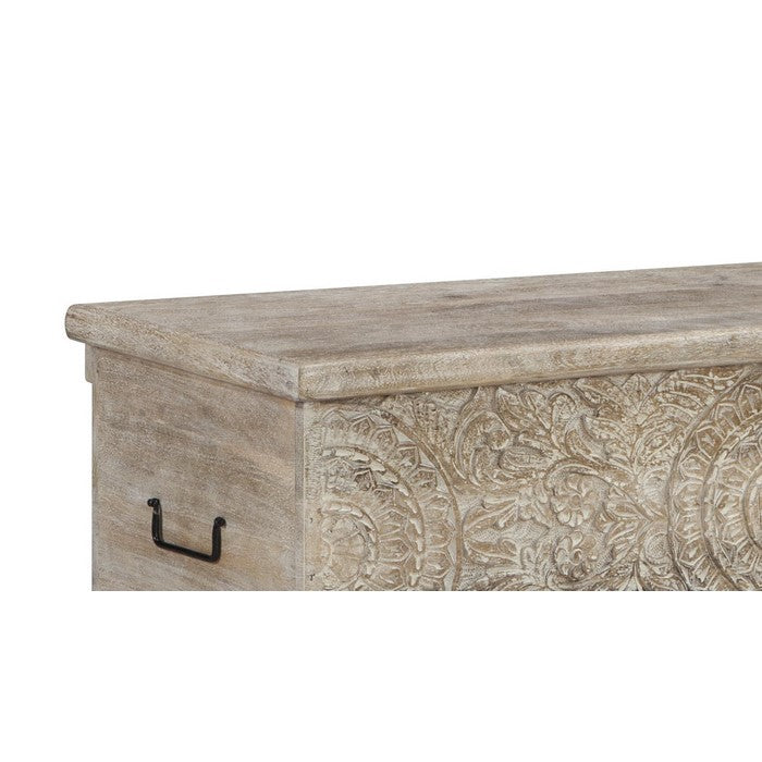 Medallion Pattern Wooden Storage Bench with Hinged Opening, White