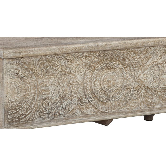 Medallion Pattern Wooden Storage Bench with Hinged Opening, White