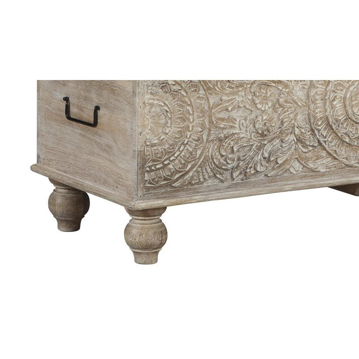 Medallion Pattern Wooden Storage Bench with Hinged Opening, White
