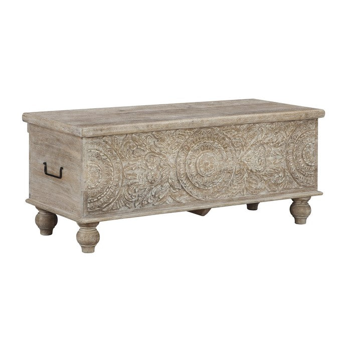 Medallion Pattern Wooden Storage Bench with Hinged Opening, White