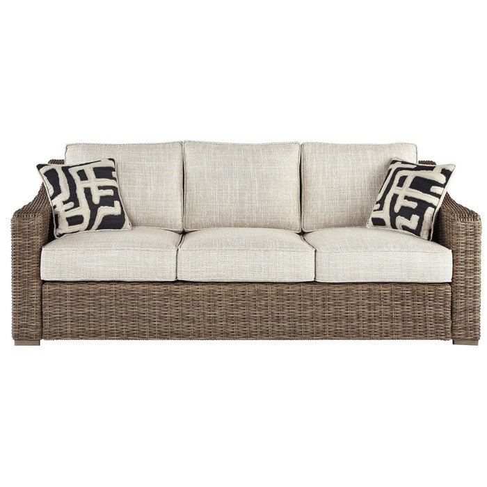 Metal Wicker Woven Sofa with Fabric Padded Seat and Back, Beige and  Brown