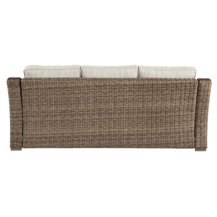 Metal Wicker Woven Sofa with Fabric Padded Seat and Back, Beige and  Brown
