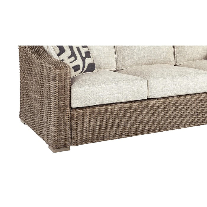 Metal Wicker Woven Sofa with Fabric Padded Seat and Back, Beige and  Brown