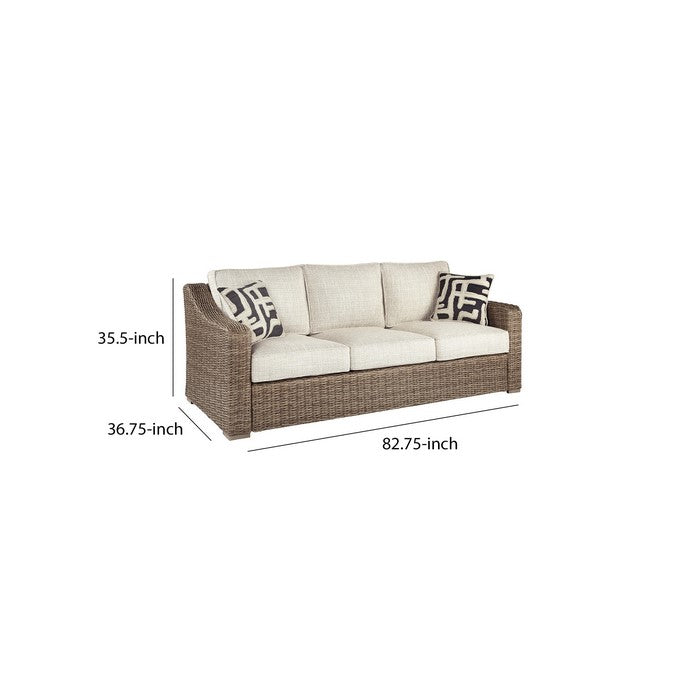 Metal Wicker Woven Sofa with Fabric Padded Seat and Back, Beige and  Brown