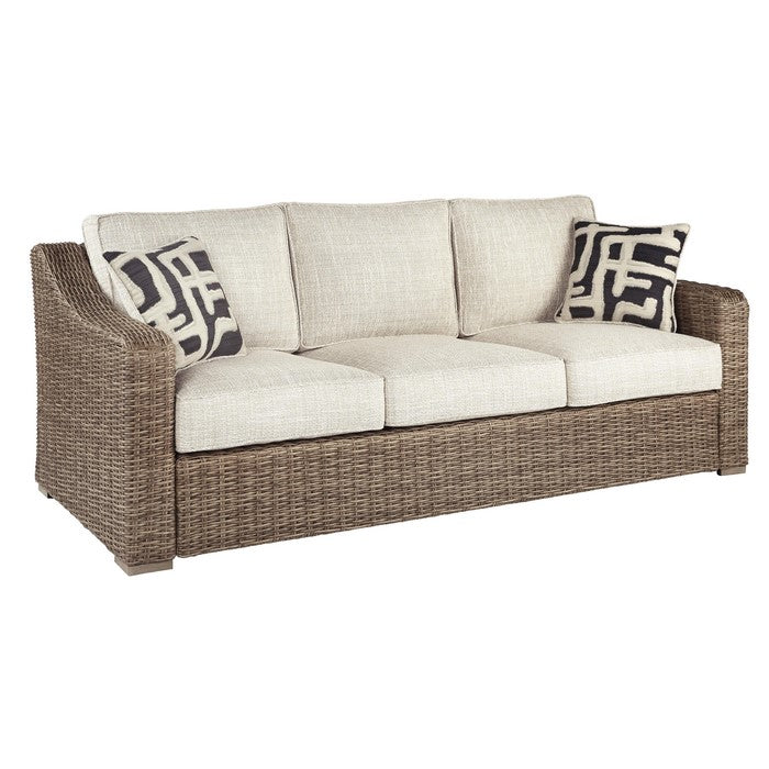 Metal Wicker Woven Sofa with Fabric Padded Seat and Back, Beige and  Brown