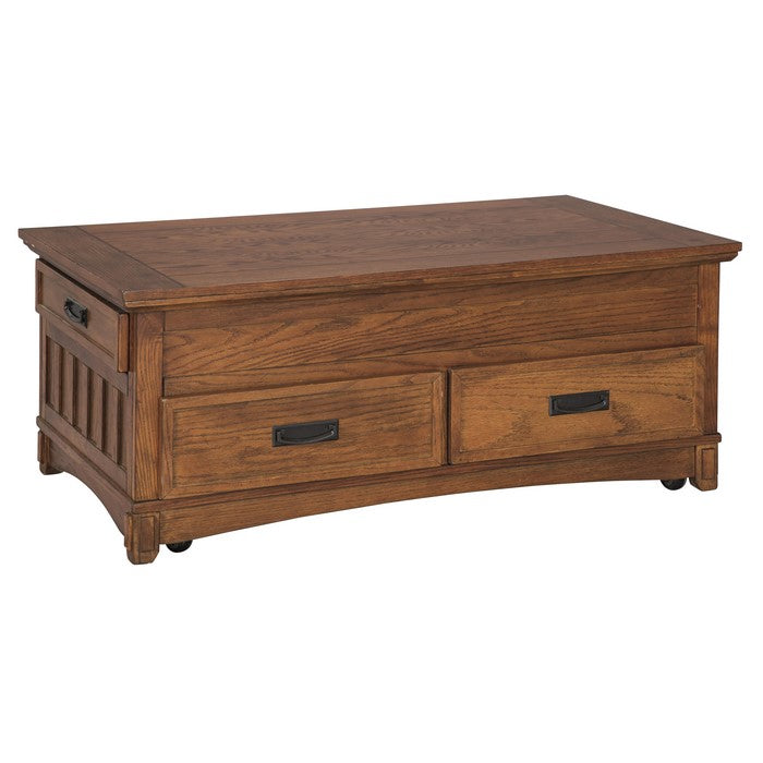 Mission Style Wooden Lift Top Cocktail Table with 4 Drawers, Brown