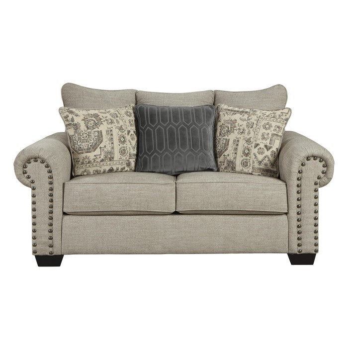 Nailhead Trim Fabric Upholstered Loveseat with Rolled Arms, Beige