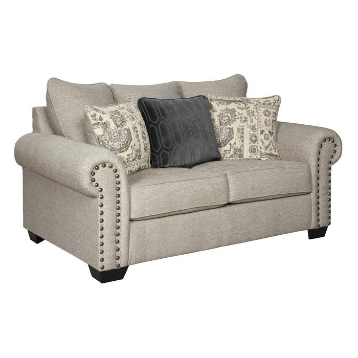 Nailhead Trim Fabric Upholstered Loveseat with Rolled Arms, Beige