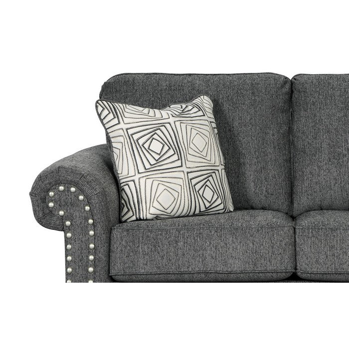 Nailhead Trim Fabric Upholstered Loveseat with Rolled Arms, Gray