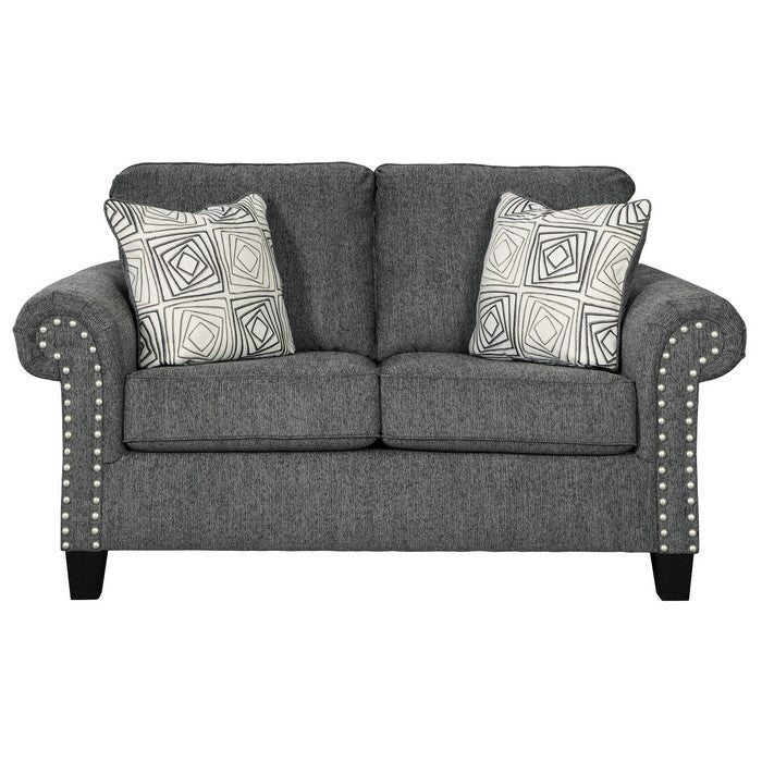 Nailhead Trim Fabric Upholstered Loveseat with Rolled Arms, Gray