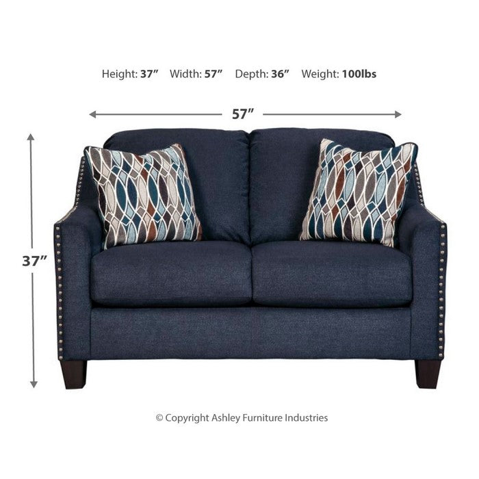 Nailhead Trim Fabric Upholstered Loveseat with Sloped Arms, Blue