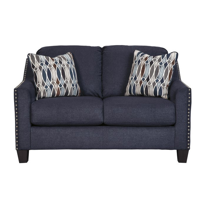 Nailhead Trim Fabric Upholstered Loveseat with Sloped Arms, Blue