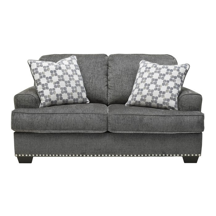 Nailhead Trim Fabric Upholstered Loveseat with T Cushioned Seat, Gray