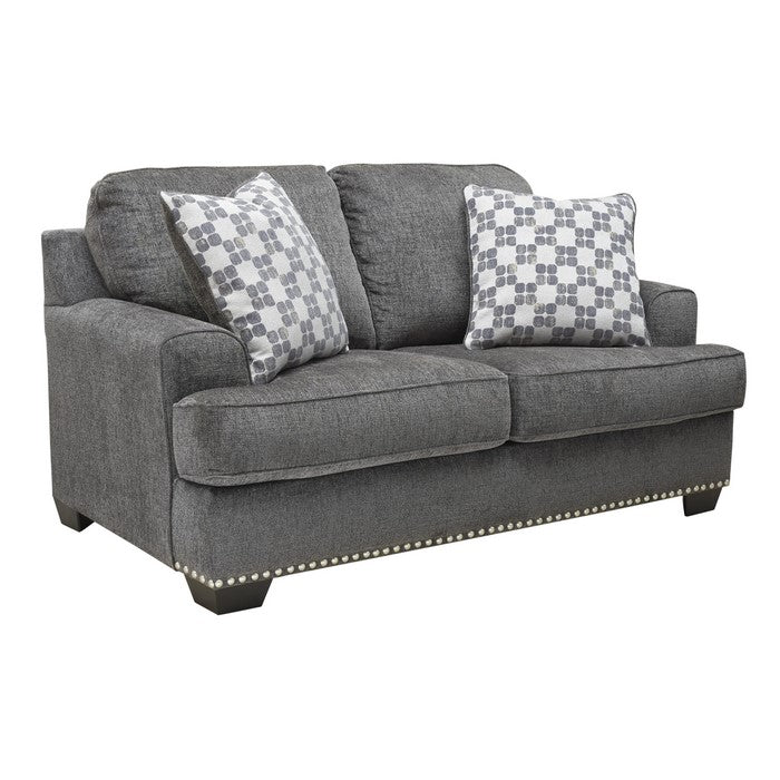 Nailhead Trim Fabric Upholstered Loveseat with T Cushioned Seat, Gray