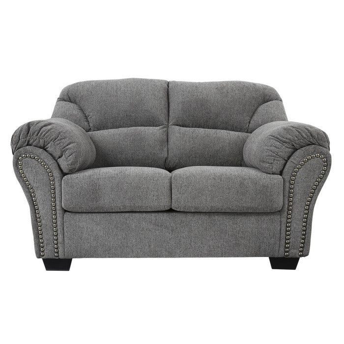 Nailhead Trim Fabric Upholstered Loveseat with Tufted Back, Light Gray