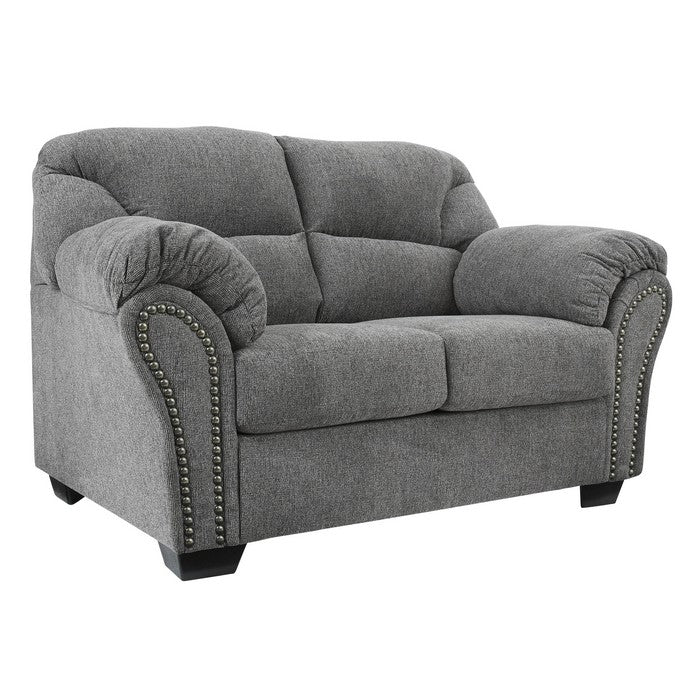 Nailhead Trim Fabric Upholstered Loveseat with Tufted Back, Light Gray