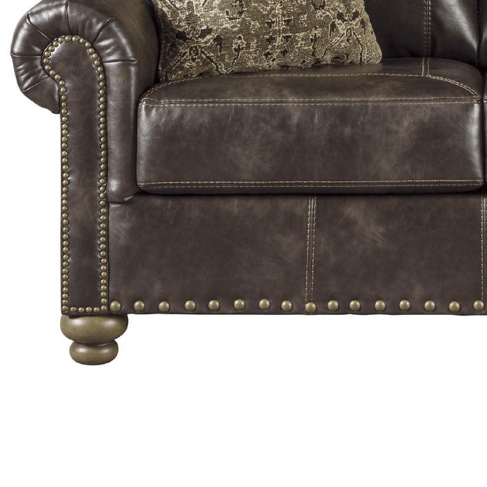 Nailhead Trim Leatherette Loveseat with Rolled Arms, Brown