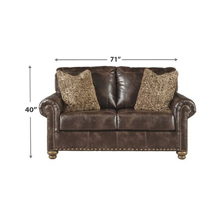 Nailhead Trim Leatherette Loveseat with Rolled Arms, Brown