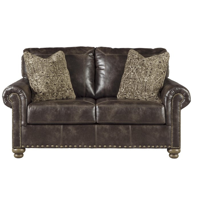Nailhead Trim Leatherette Loveseat with Rolled Arms, Brown