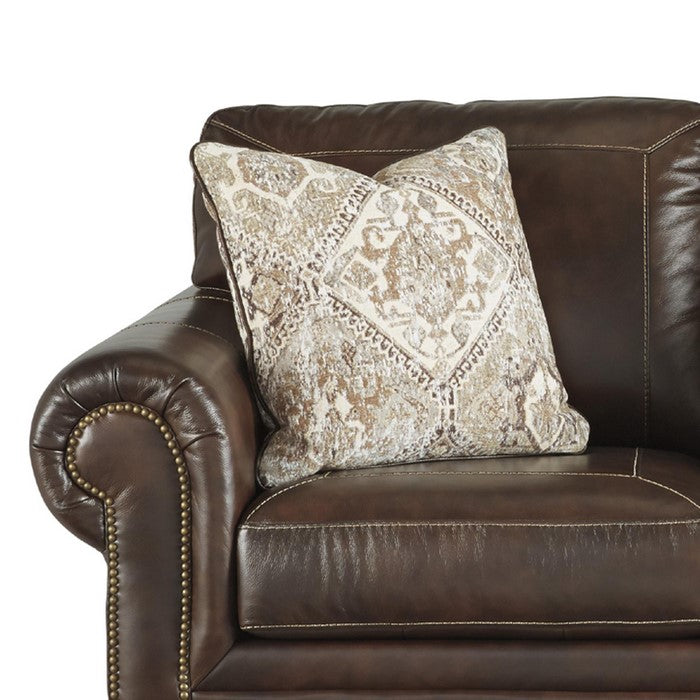 Nailhead Trim Leatherette Wooden Loveseat with Rolled Arms, Walnut Brown