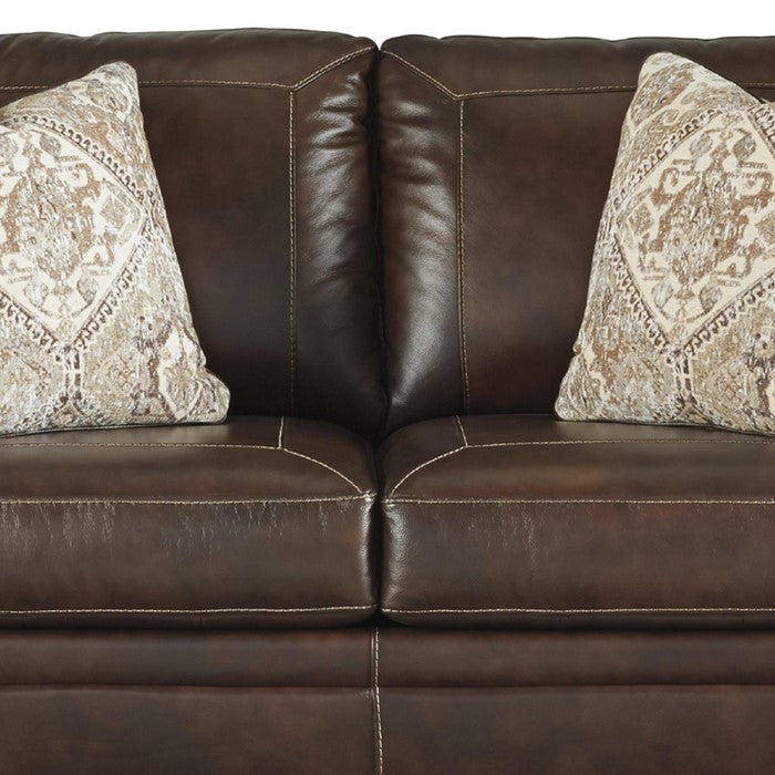 Nailhead Trim Leatherette Wooden Loveseat with Rolled Arms, Walnut Brown