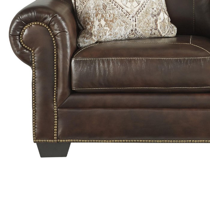 Nailhead Trim Leatherette Wooden Loveseat with Rolled Arms, Walnut Brown