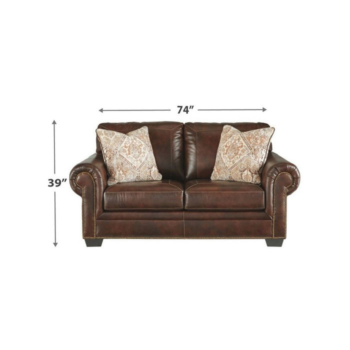 Nailhead Trim Leatherette Wooden Loveseat with Rolled Arms, Walnut Brown