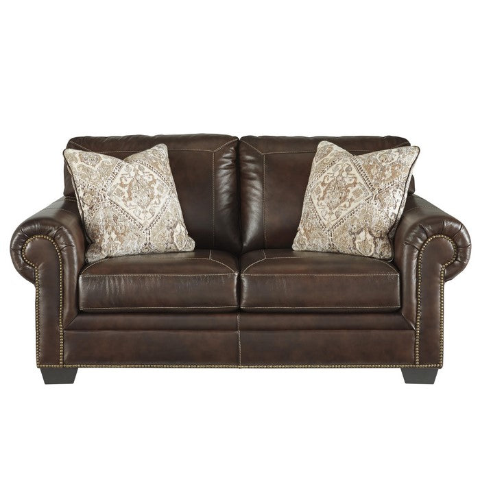 Nailhead Trim Leatherette Wooden Loveseat with Rolled Arms, Walnut Brown