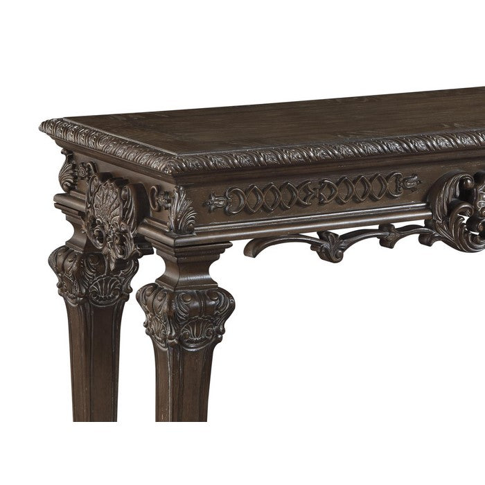 Ornate Engraved Wooden Frame Sofa Table with Fluted Turned Legs, Brown