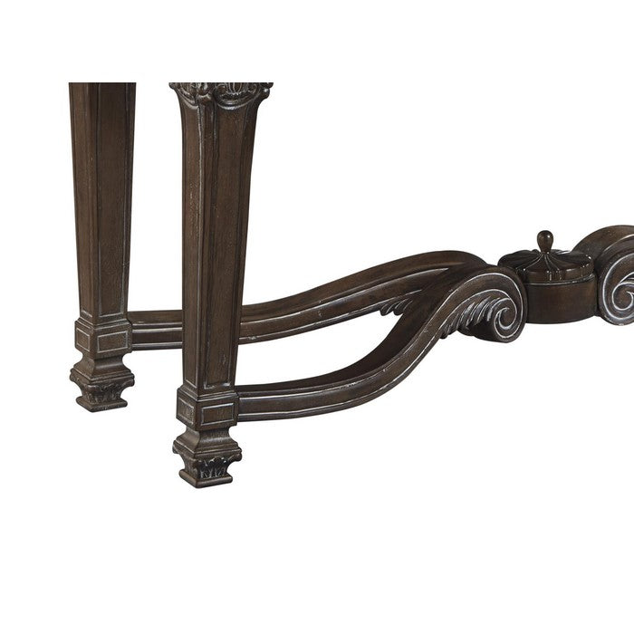 Ornate Engraved Wooden Frame Sofa Table with Fluted Turned Legs, Brown