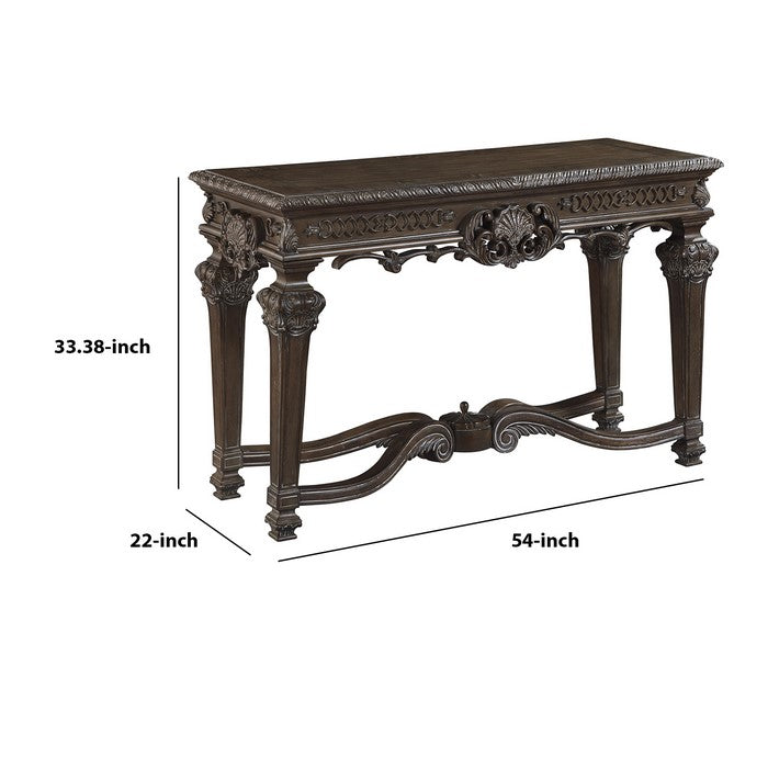 Ornate Engraved Wooden Frame Sofa Table with Fluted Turned Legs, Brown